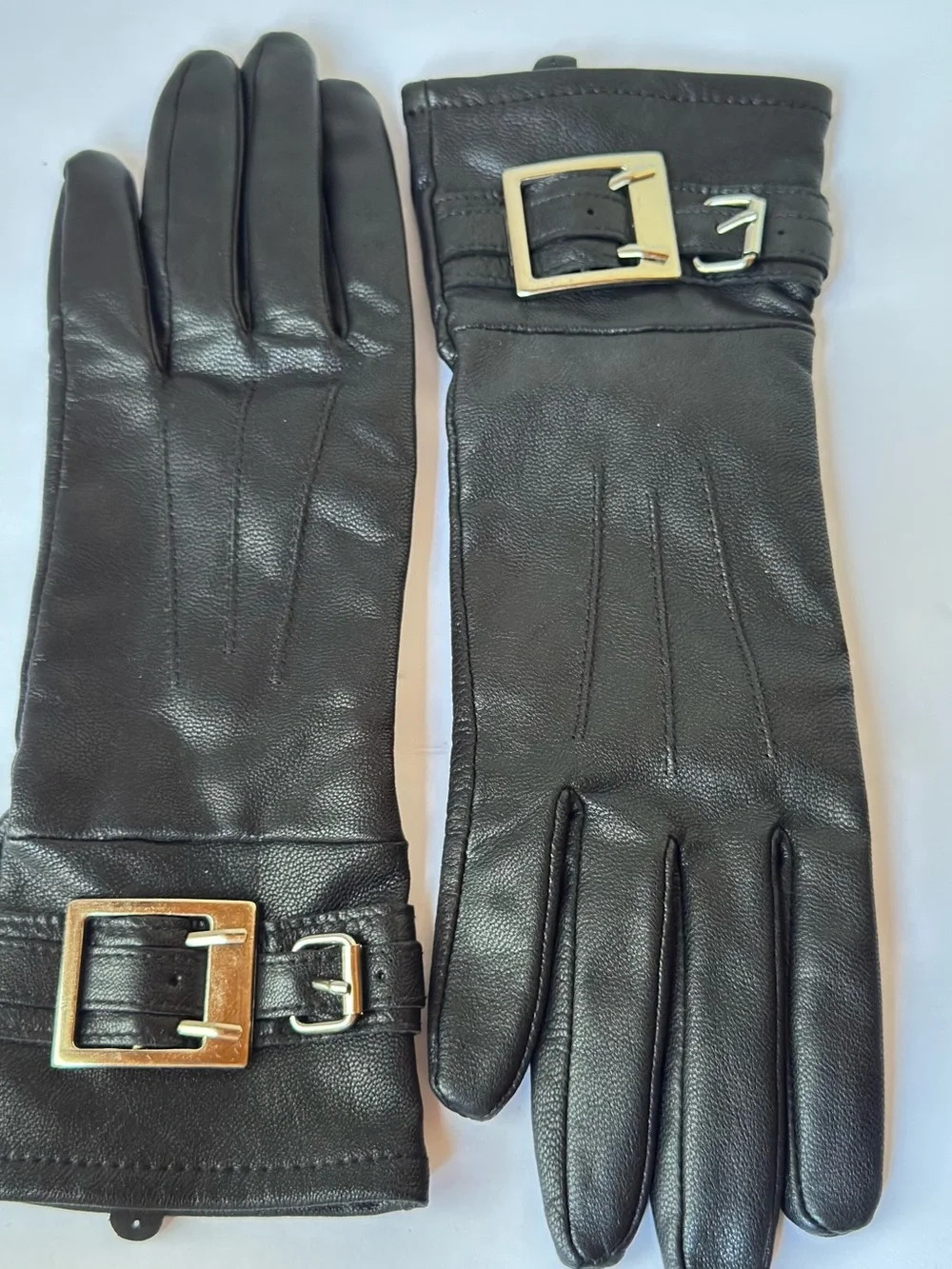 Black Leather Women's Gloves with silver tone Buckle Accent lined